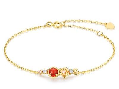 Lắc tay bạc Ý 925 mạ vàng đính đá Garnet, CZ hoa hồng