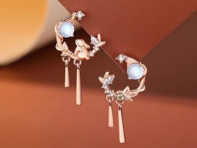 Bông tai bạc nữ đính đá CZ hình thỏ ngắm trăng